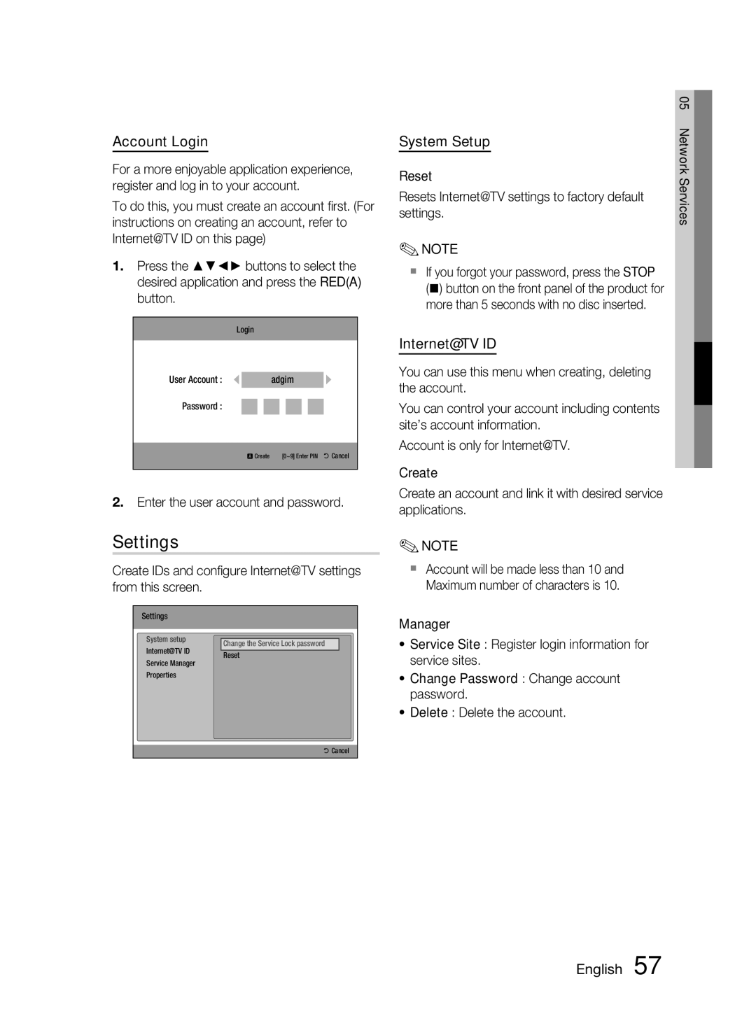 Samsung AH68-02258S, HT-C5500 Settings, Account Login, System Setup, Internet@TV ID, Enter the user account and password 