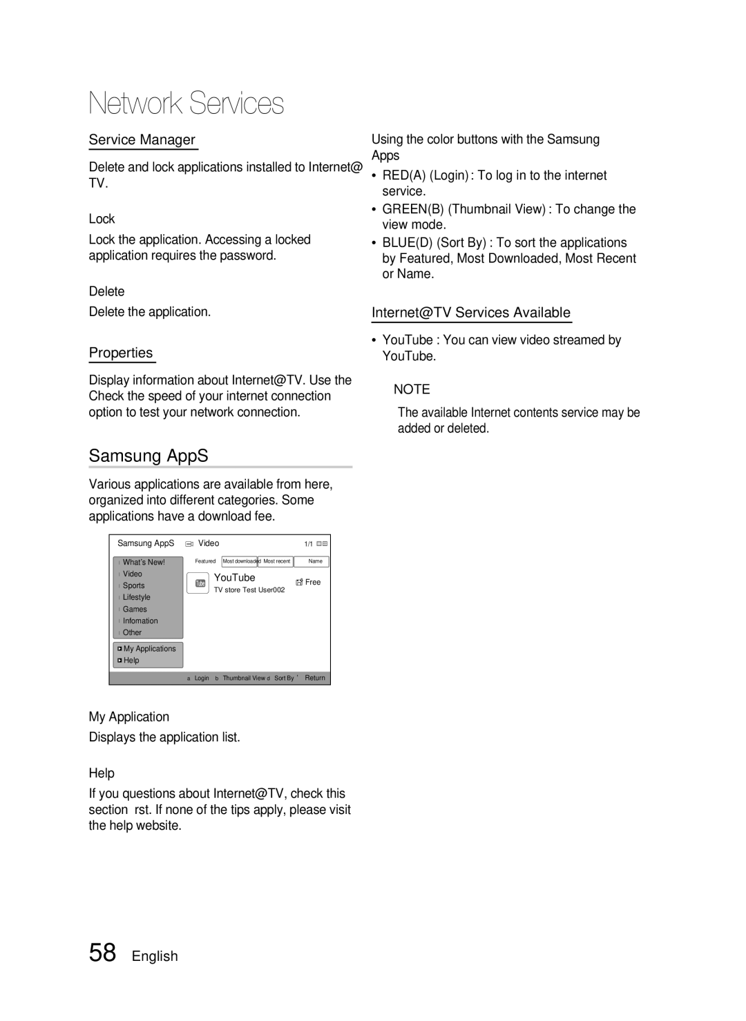 Samsung HT-C5500, AH68-02258S user manual Samsung AppS, Service Manager, Properties, Internet@TV Services Available 