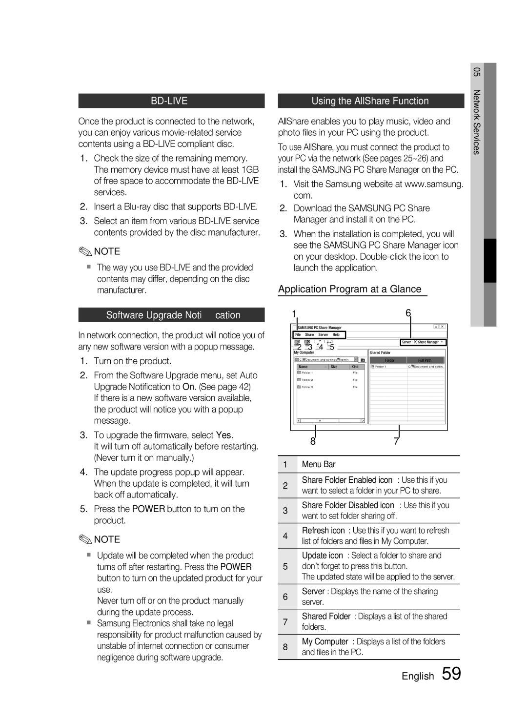 Samsung AH68-02258S Using the AllShare Function, Application Program at a Glance, Software Upgrade Notiﬁcation, Menu Bar 