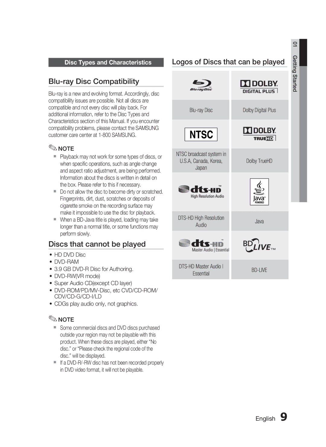 Samsung AH68-02258S Blu-ray Disc Compatibility, Discs that cannot be played, Logos of Discs that can be played, Dvd-Ram 