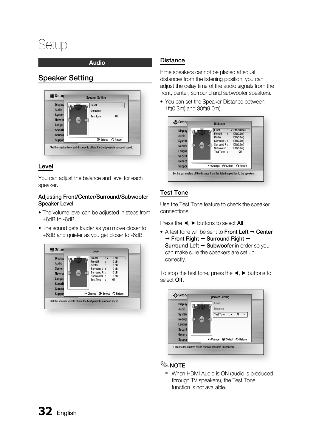 Samsung HT-C5500, AH68-02258S user manual Speaker Setting, Audio, Level, Distance, Test Tone, English, Setup 