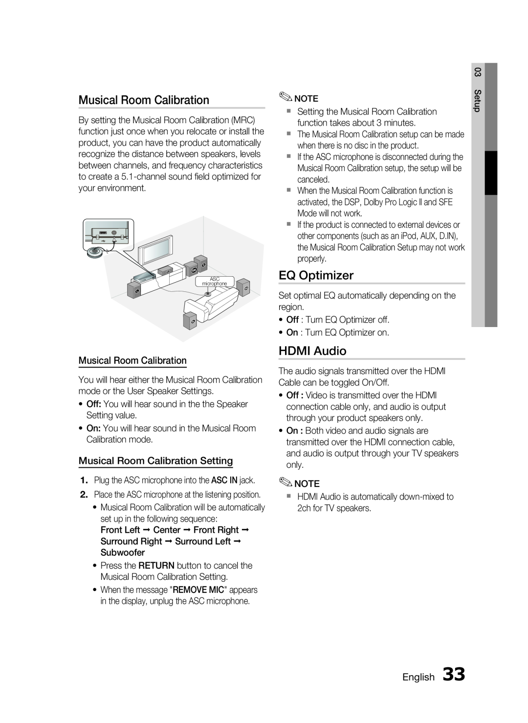 Samsung AH68-02258S, HT-C5500 user manual EQ Optimizer, HDMI Audio, Musical Room Calibration Setting, English 