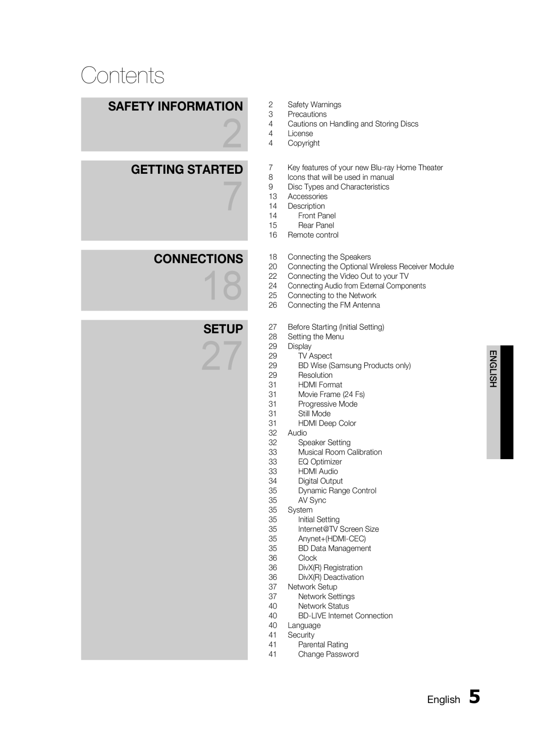 Samsung AH68-02258S, HT-C5500 user manual Contents, Getting Started, Connections, Setup, Safety Information, English 