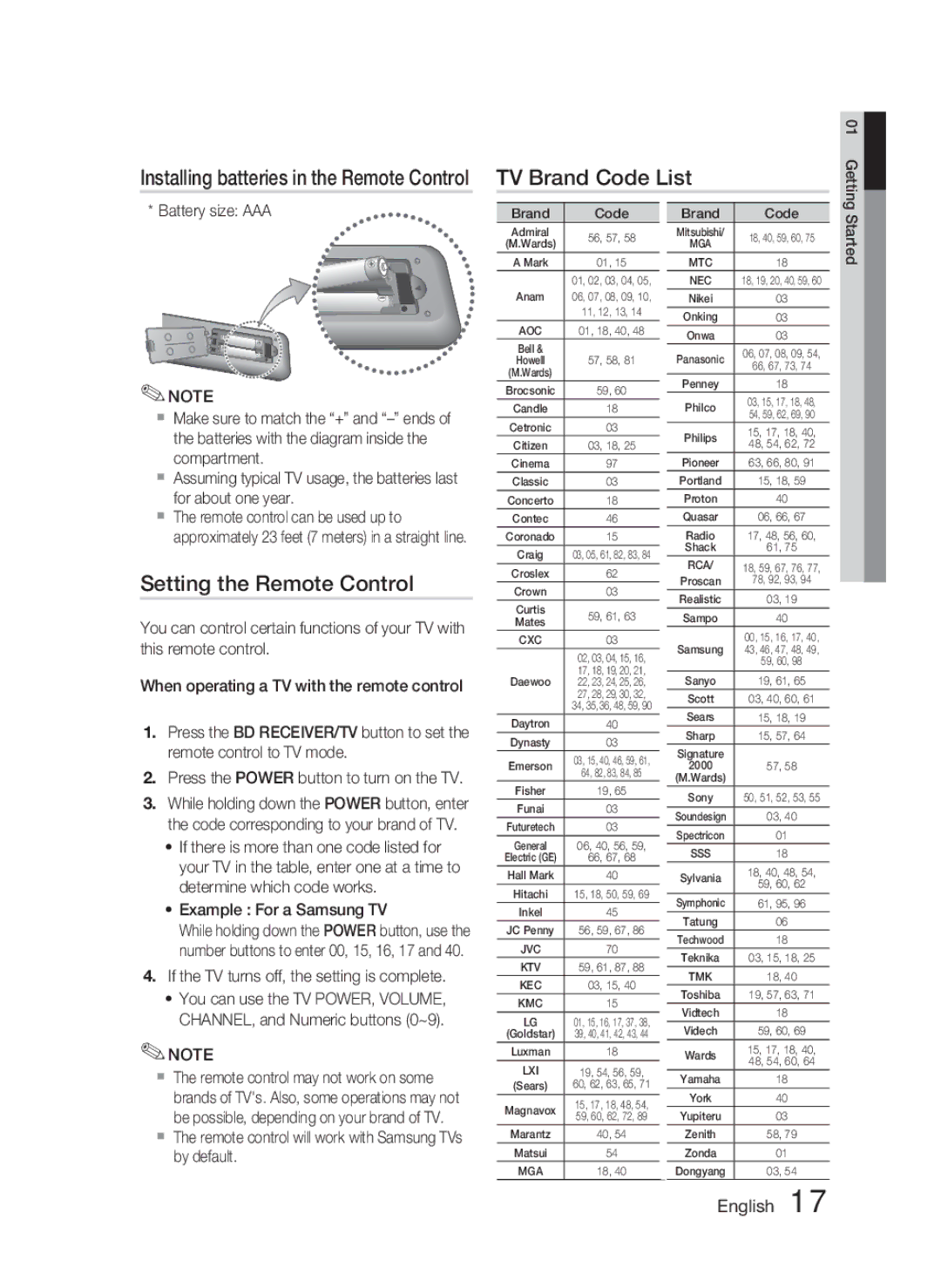 Samsung HT-C5500 user manual TV Brand Code List, Setting the Remote Control, If the TV turns off, the setting is complete 