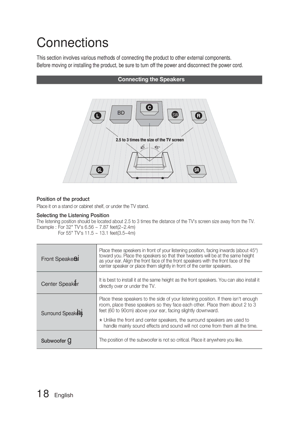 Samsung HT-C5500 user manual Connections, Connecting the Speakers 