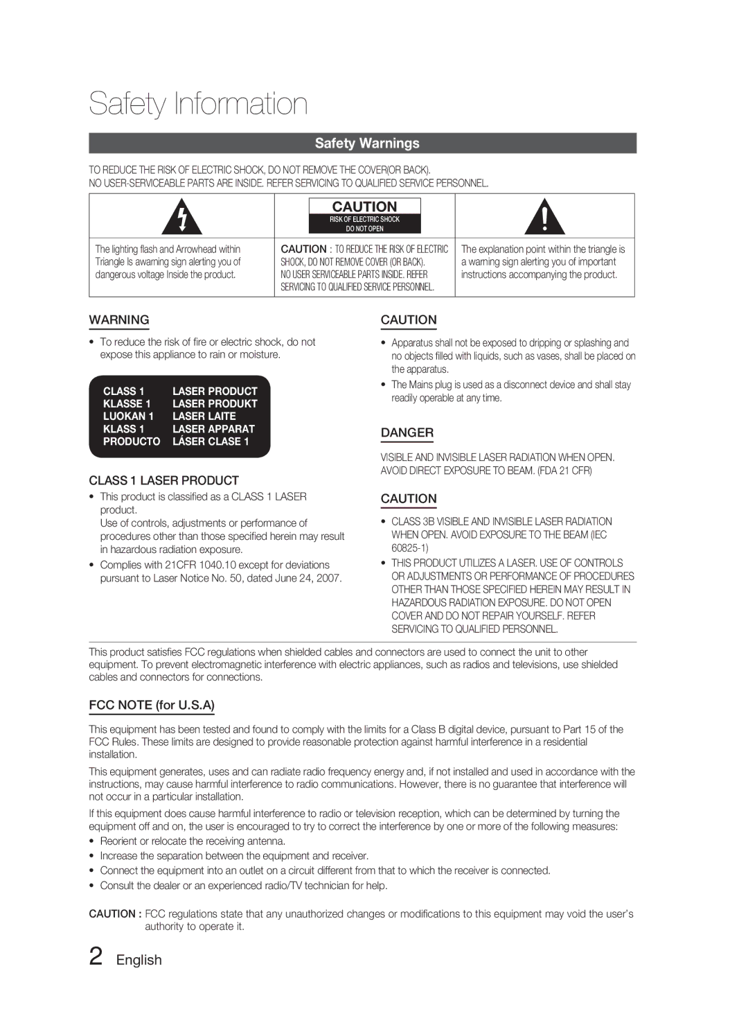 Samsung HT-C5500 user manual Safety Information, Safety Warnings, English, Class 1 Laser Product, FCC Note for U.S.A 