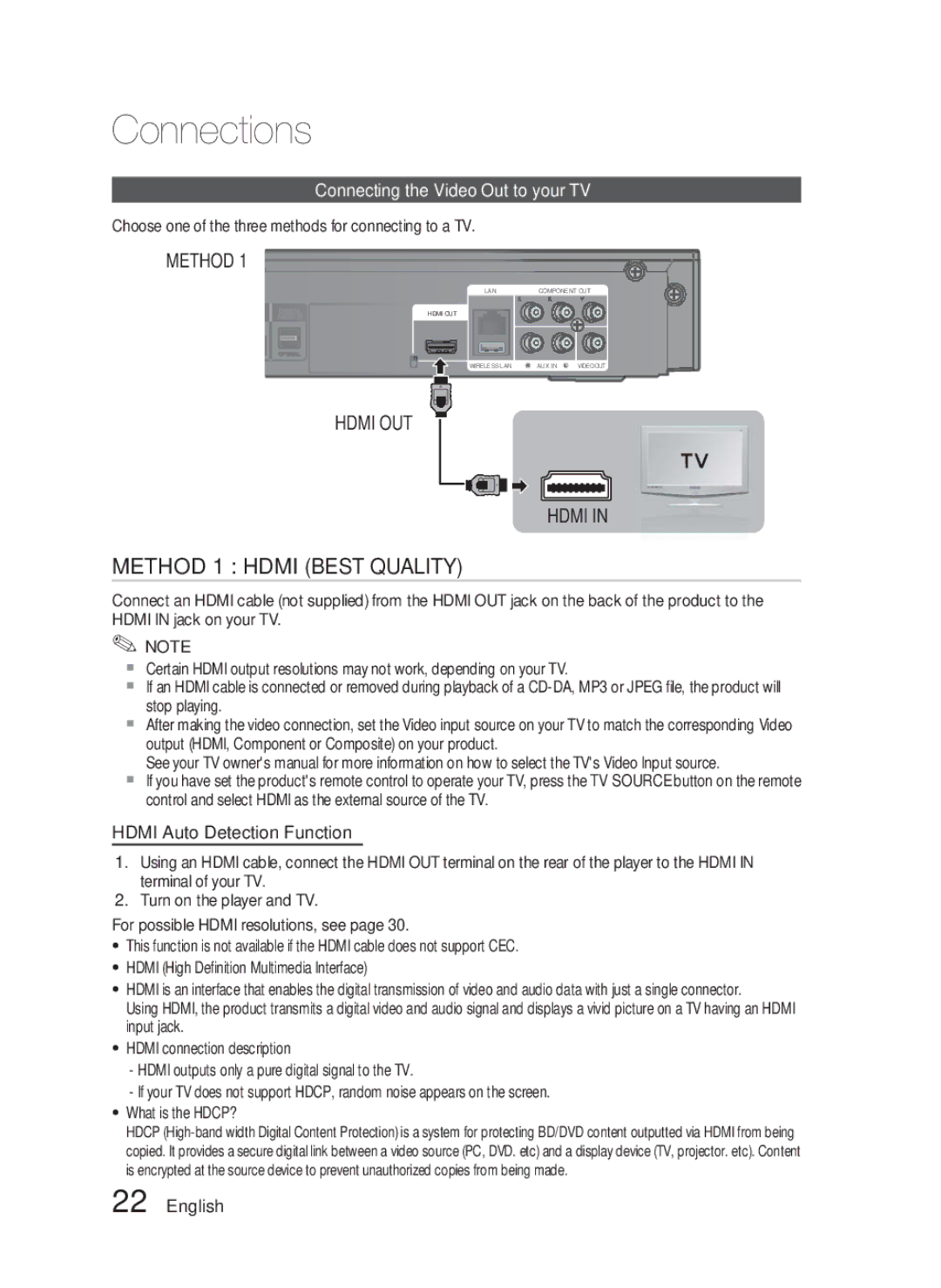 Samsung HT-C5500 user manual Connecting the Video Out to your TV, Hdmi Auto Detection Function 