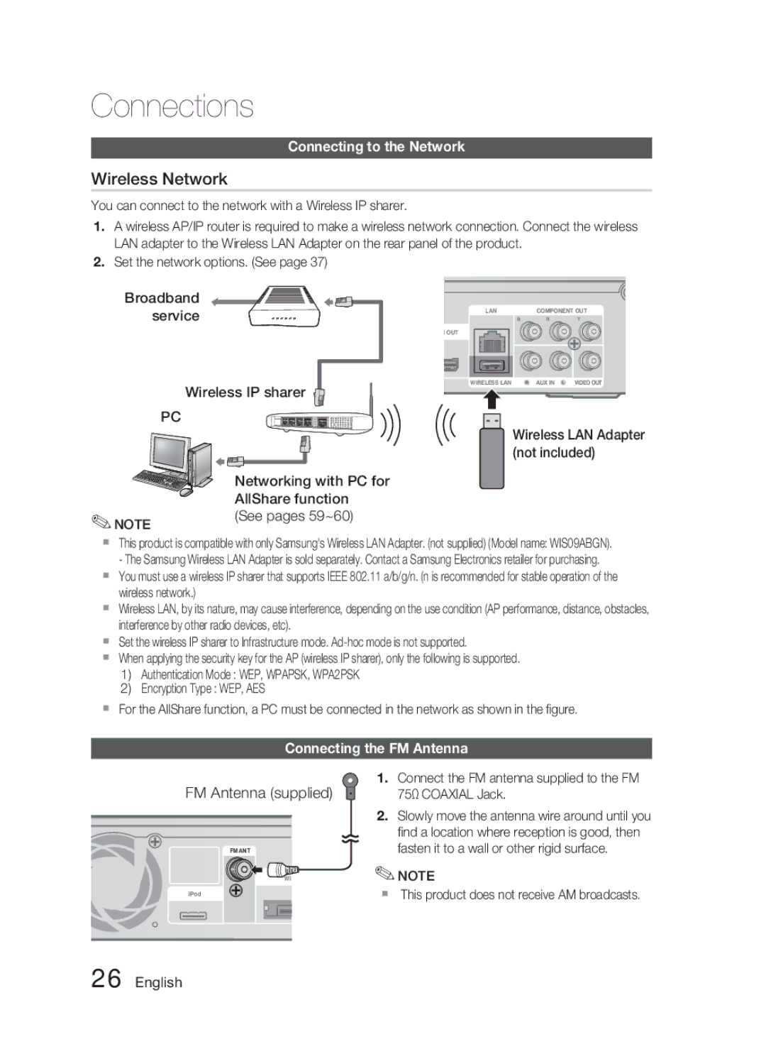 Samsung HT-C5500 user manual Connecting the FM Antenna, Wireless LAN Adapter not included 