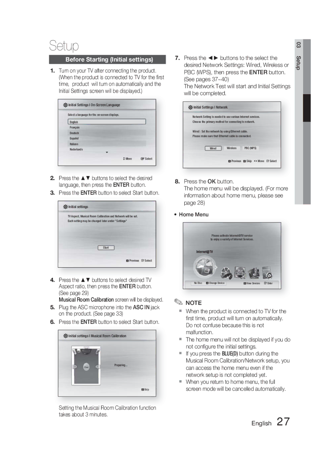 Samsung HT-C5500 user manual Setup, Before Starting Initial settings 