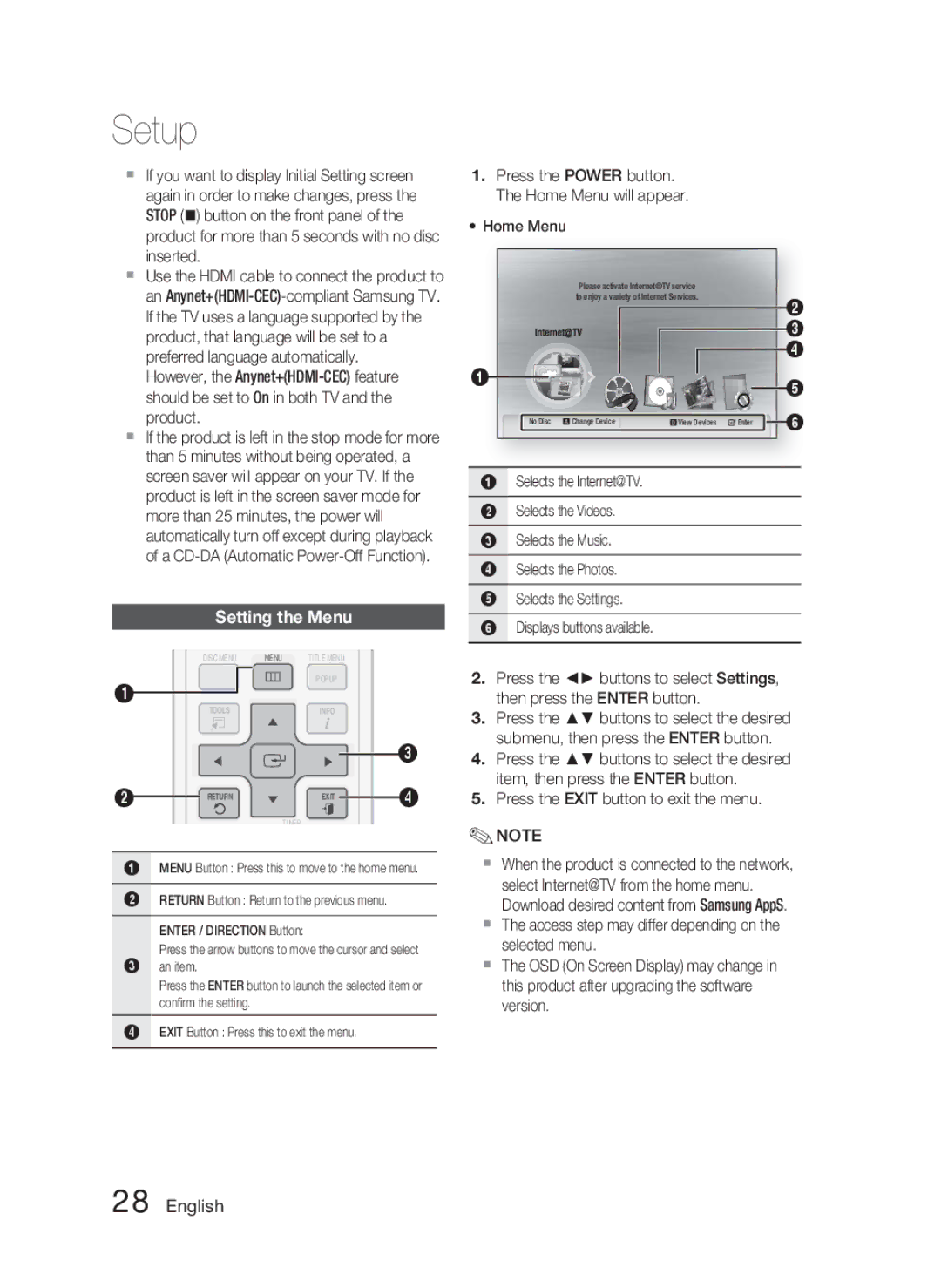 Samsung HT-C5500 user manual Setting the Menu 