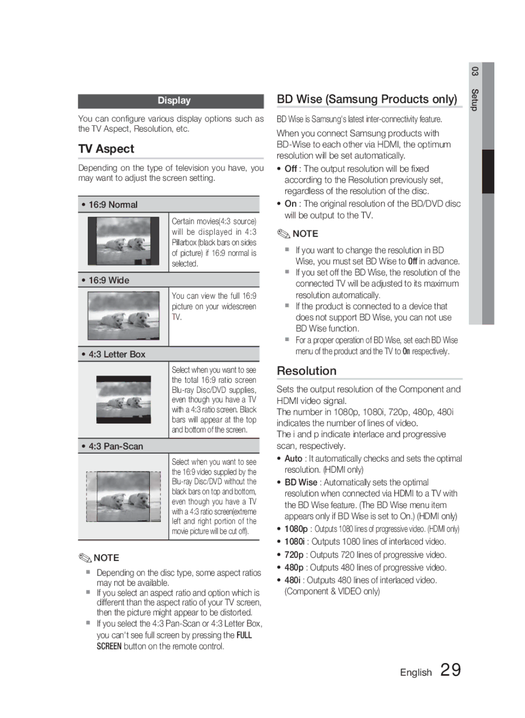 Samsung HT-C5500 user manual BD Wise Samsung Products only, Resolution, Display, Pan-Scan 