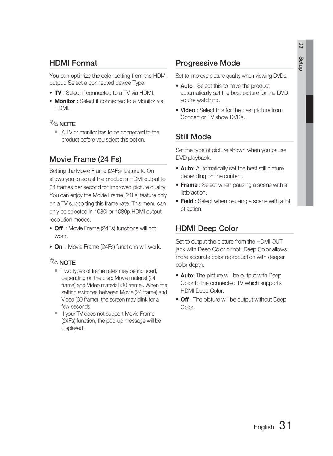 Samsung HT-C5500 user manual Hdmi Format, Movie Frame 24 Fs, Progressive Mode, Still Mode, Hdmi Deep Color 