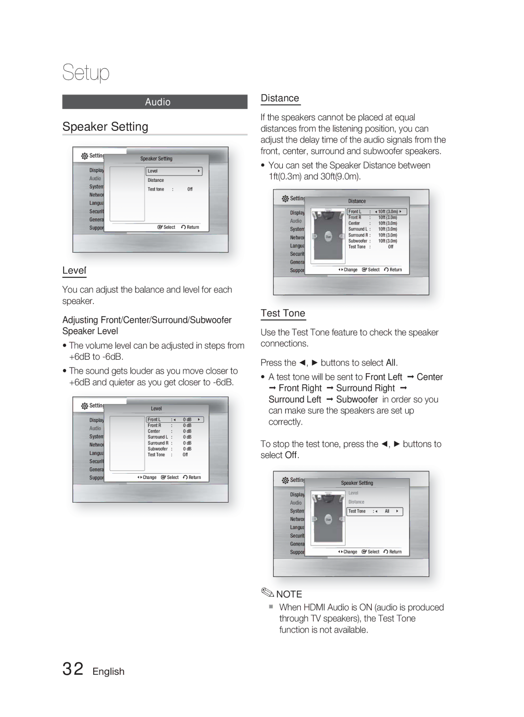 Samsung HT-C5500 user manual Speaker Setting, Audio, Level, Distance, Test Tone 