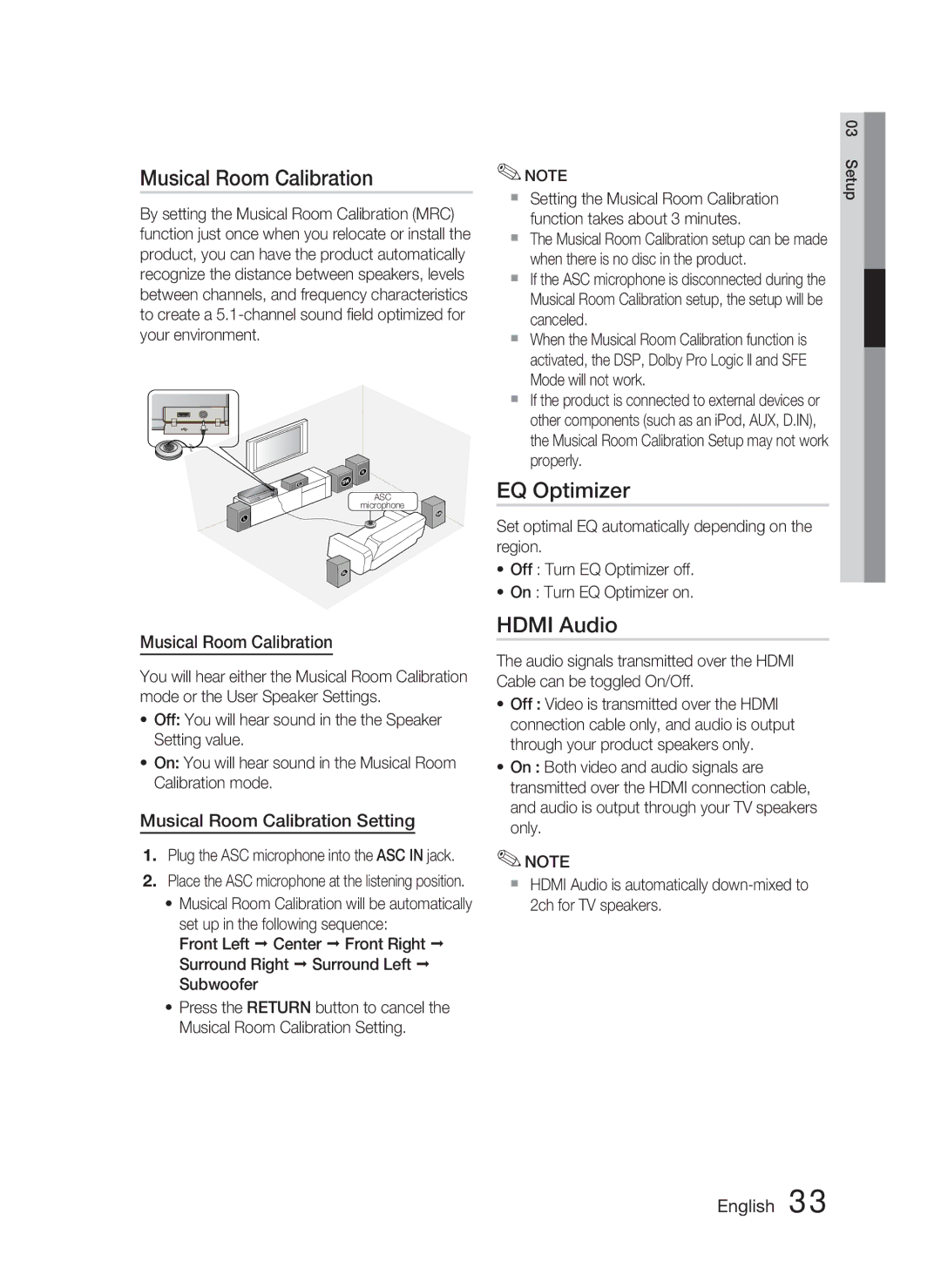 Samsung HT-C5500 user manual EQ Optimizer, Hdmi Audio, Musical Room Calibration Setting 