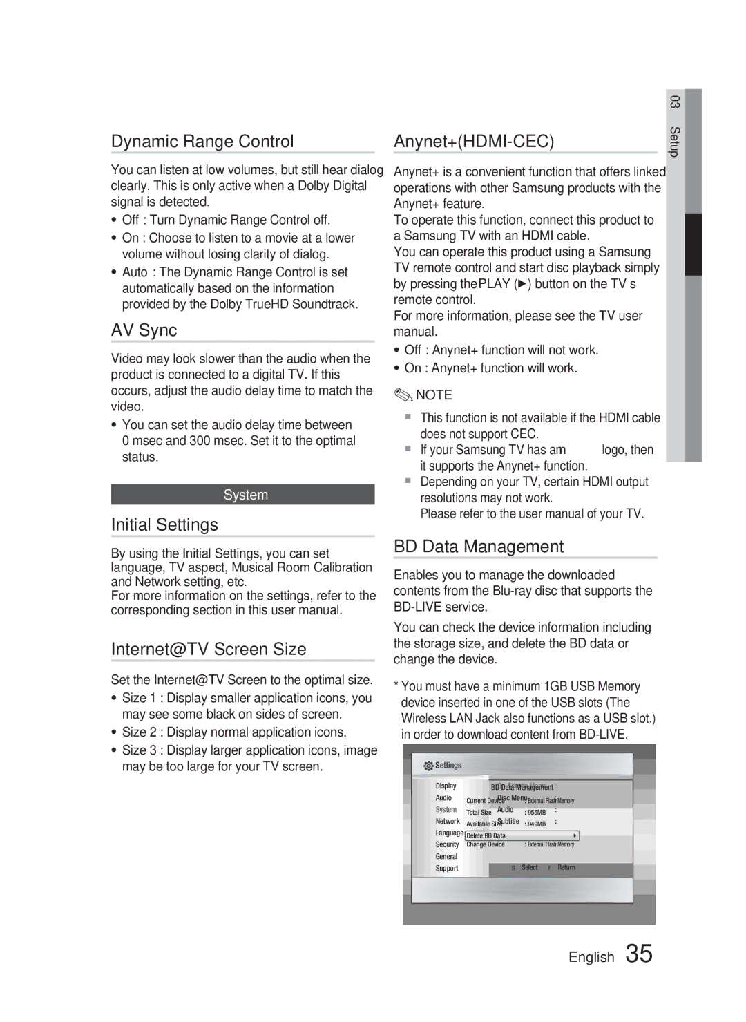 Samsung HT-C5500 user manual Dynamic Range Control, AV Sync, Initial Settings, Internet@TV Screen Size, Anynet+HDMI-CEC 