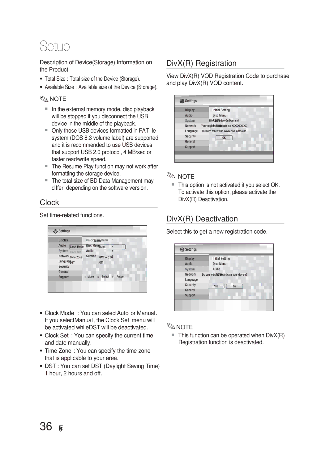 Samsung HT-C5500 user manual Clock, DivXR Registration, DivXR Deactivation, Set time-related functions 