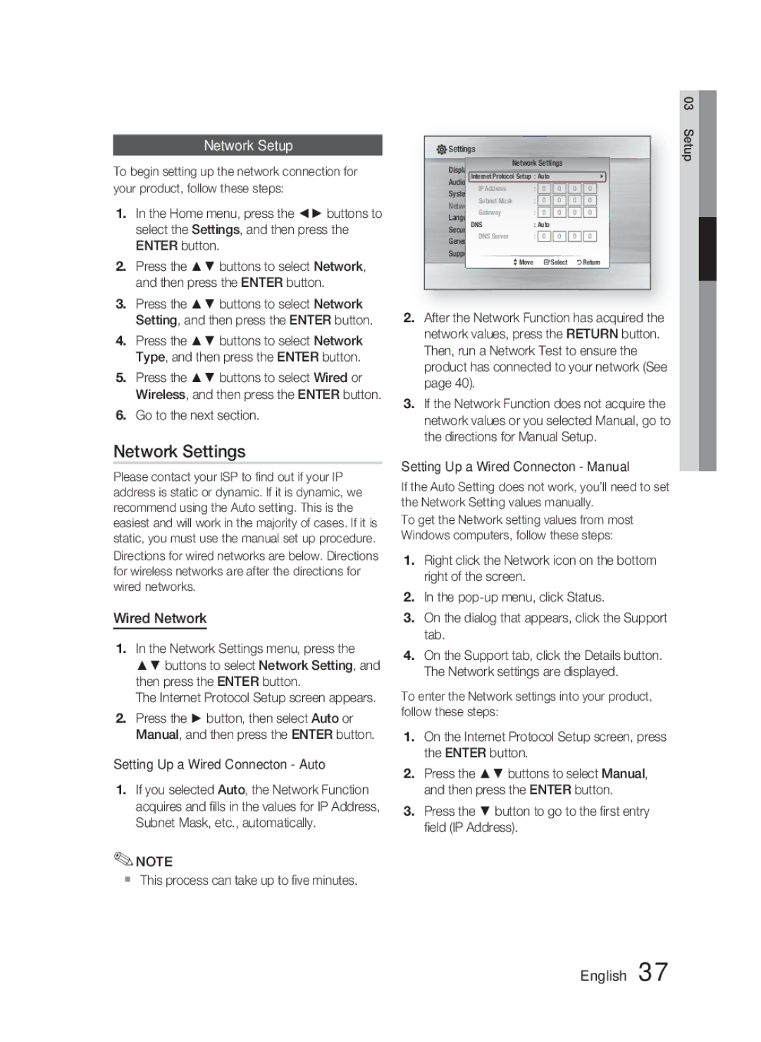 Samsung HT-C5500 user manual Network Settings, Network Setup, Wired Network 