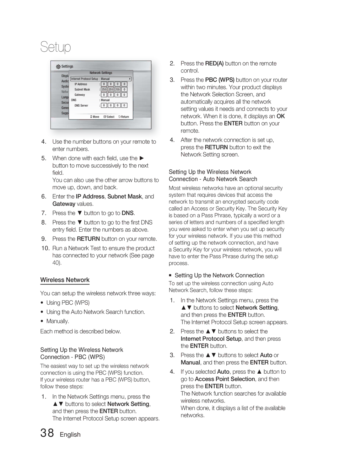 Samsung HT-C5500 user manual Setting Up the Wireless Network Connection PBC WPS 