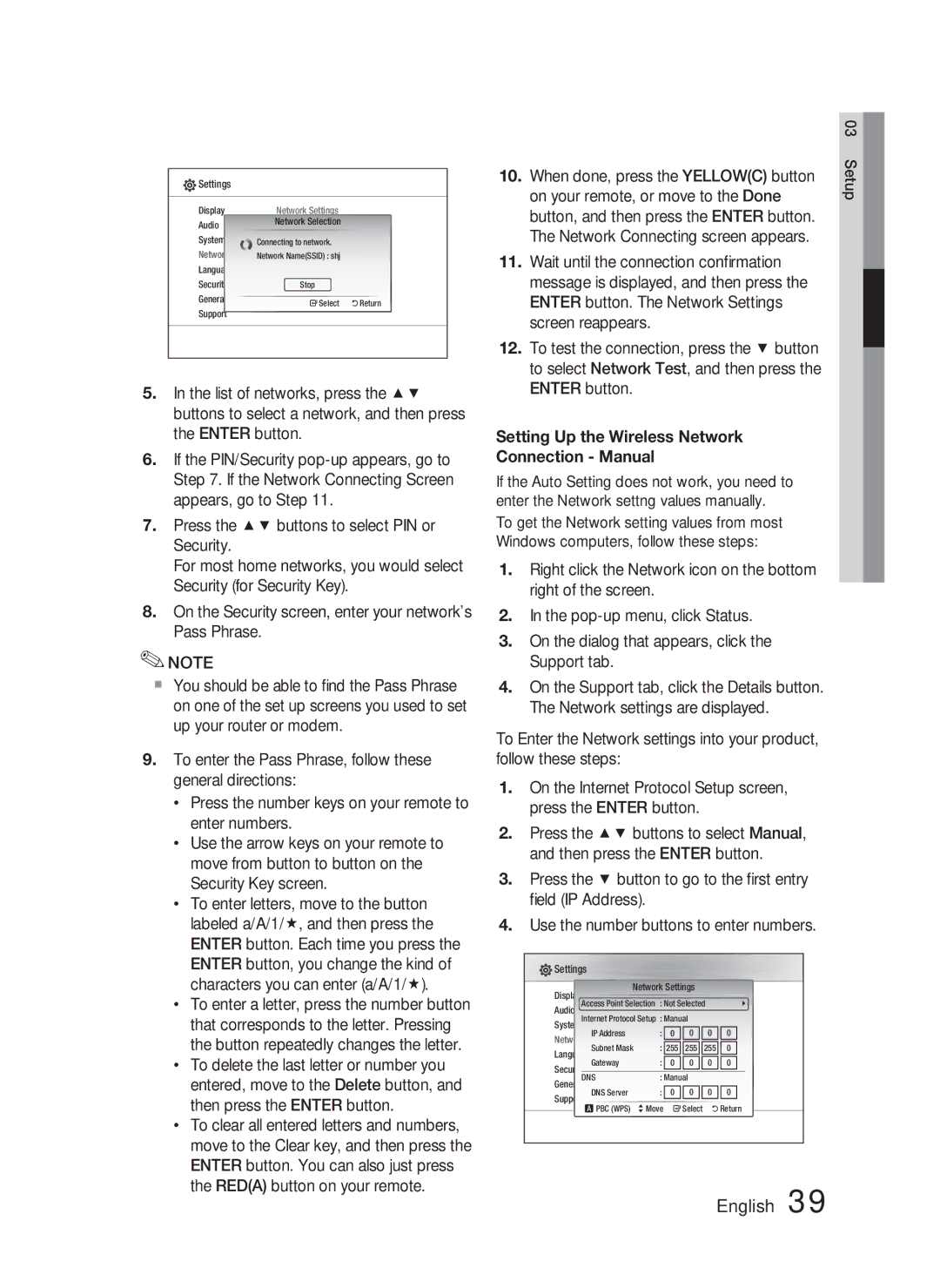 Samsung HT-C5500 user manual When done, press the Yellowc button, Enter button 