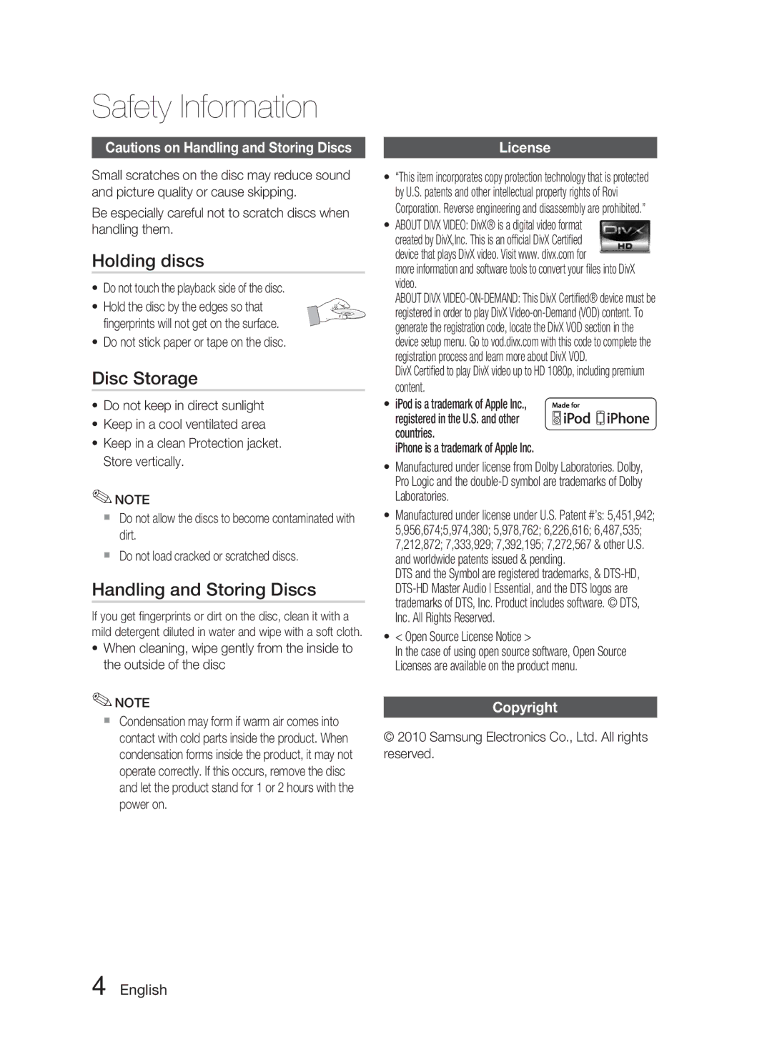 Samsung HT-C5500 user manual Holding discs, Disc Storage, Handling and Storing Discs, License, Copyright 