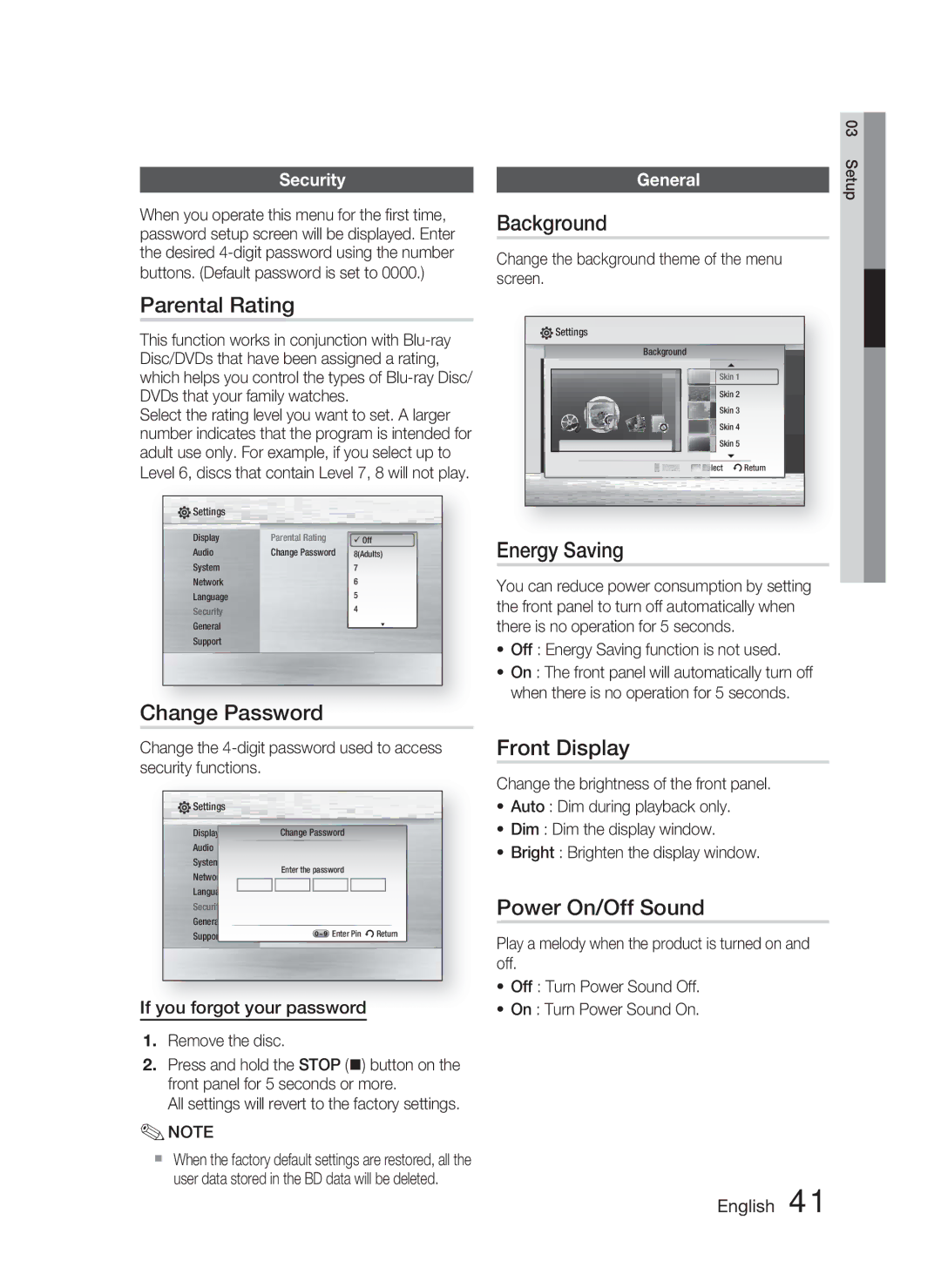 Samsung HT-C5500 user manual Parental Rating, Change Password, Background, Energy Saving, Front Display, Power On/Off Sound 