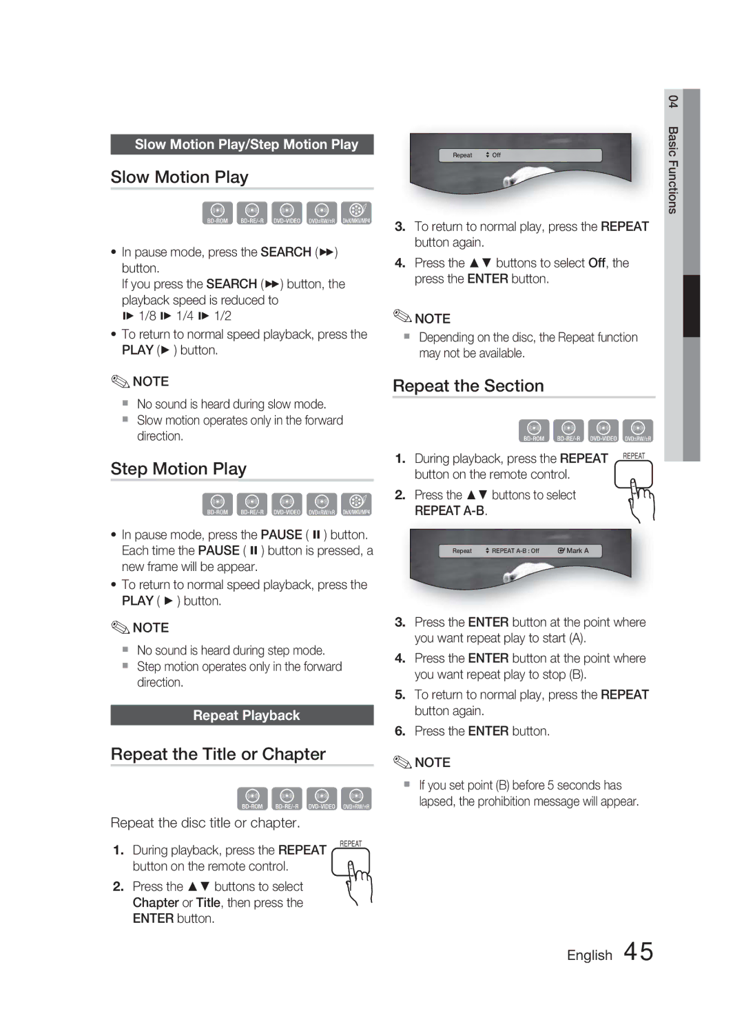 Samsung HT-C5500 user manual Slow Motion Play, Step Motion Play, Repeat the Title or Chapter, Repeat the Section 