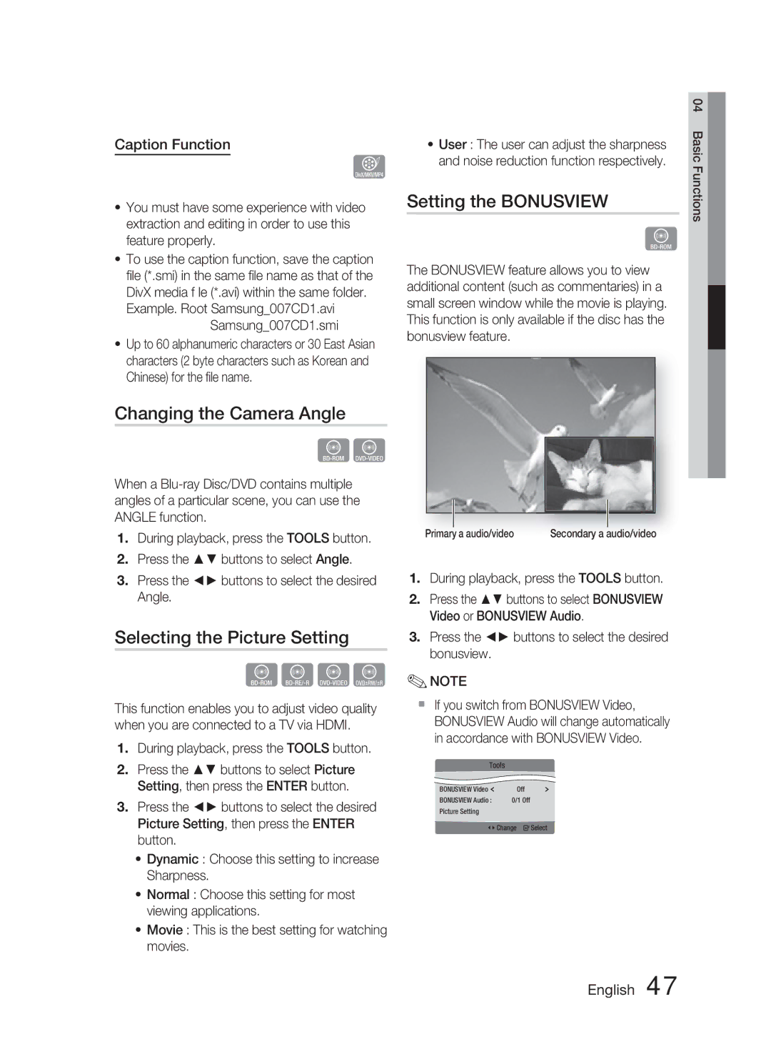 Samsung HT-C5500 Changing the Camera Angle, Selecting the Picture Setting, Setting the Bonusview, Caption Function 