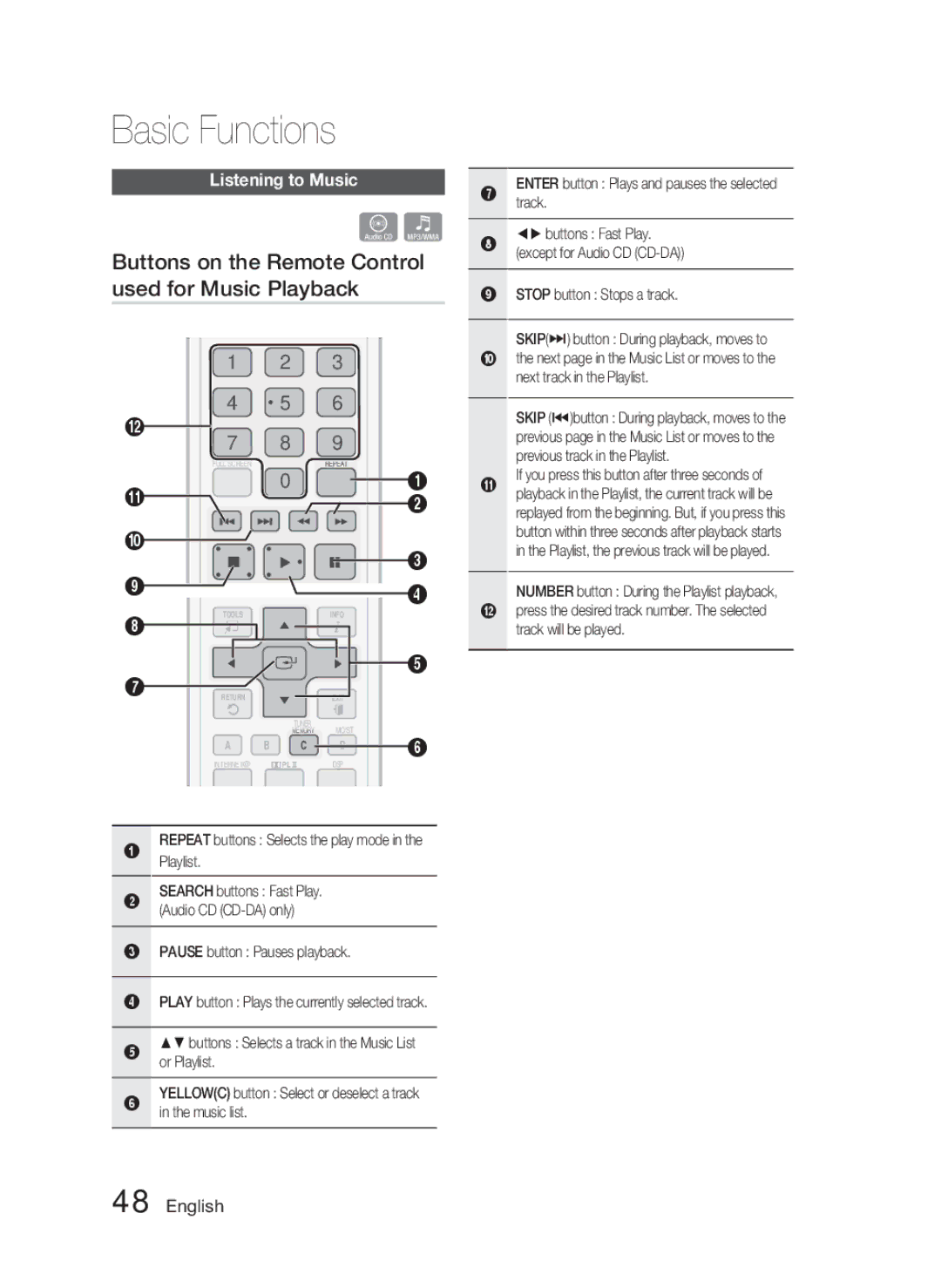 Samsung HT-C5500 Buttons on the Remote Control used for Music Playback, Listening to Music, Pause button Pauses playback 