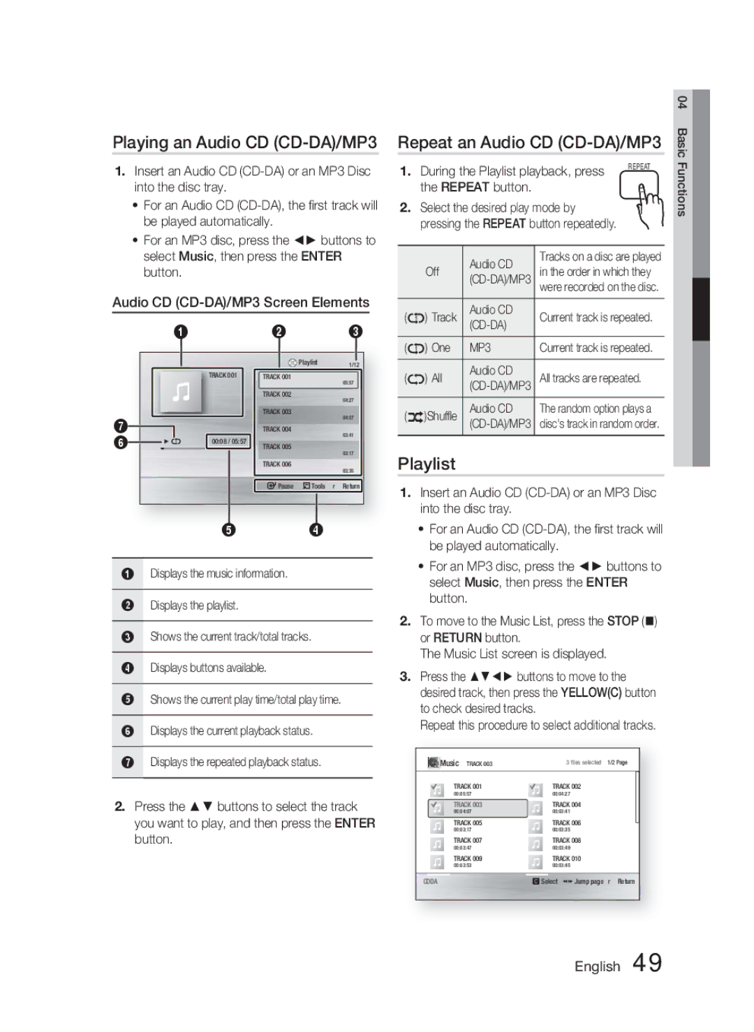 Samsung HT-C5500 Playing an Audio CD CD-DA/MP3, Repeat an Audio CD CD-DA/MP3, Playlist, Audio CD CD-DA/MP3 Screen Elements 