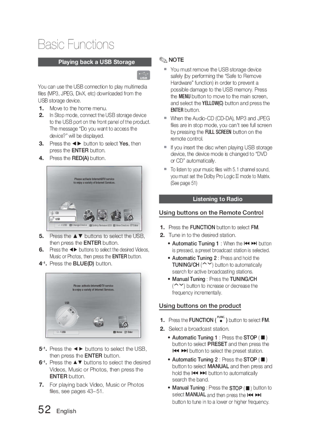 Samsung HT-C5500 user manual Playing back a USB Storage, Listening to Radio, Using buttons on the Remote Control 