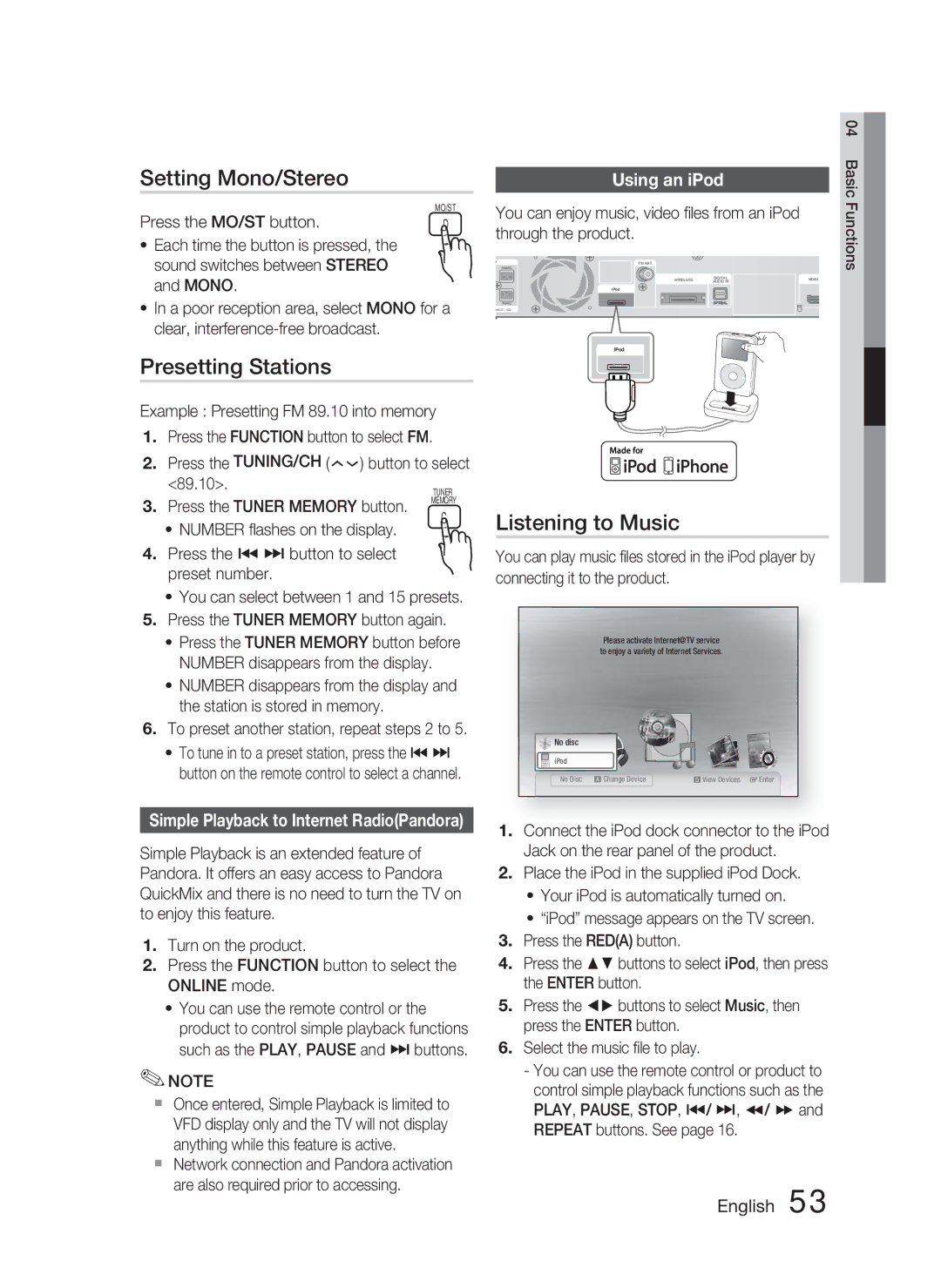 Samsung HT-C5500 user manual Setting Mono/Stereo, Presetting Stations, Listening to Music, Using an iPod 