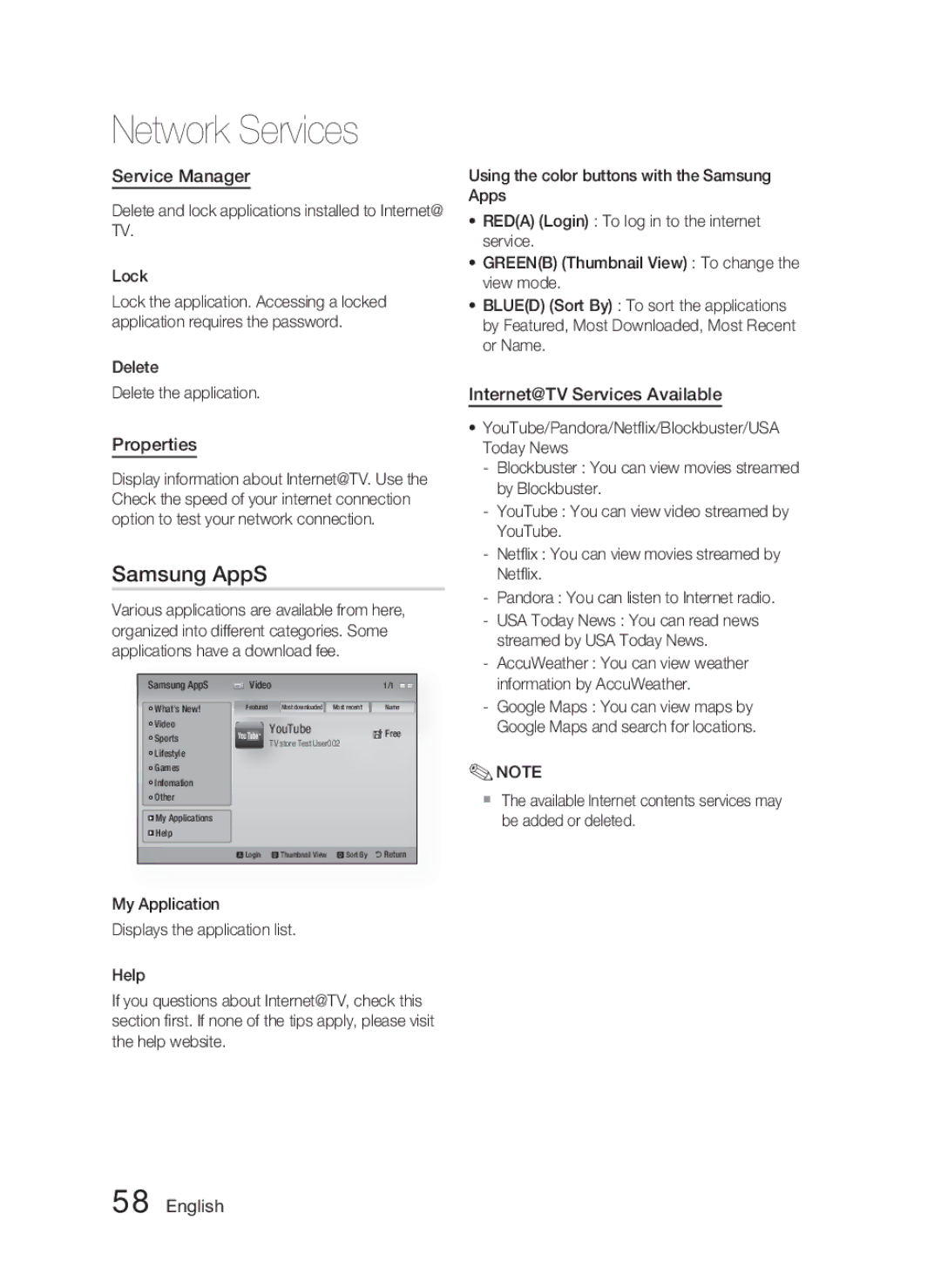 Samsung HT-C5500 user manual Samsung AppS, Service Manager, Properties, Internet@TV Services Available 