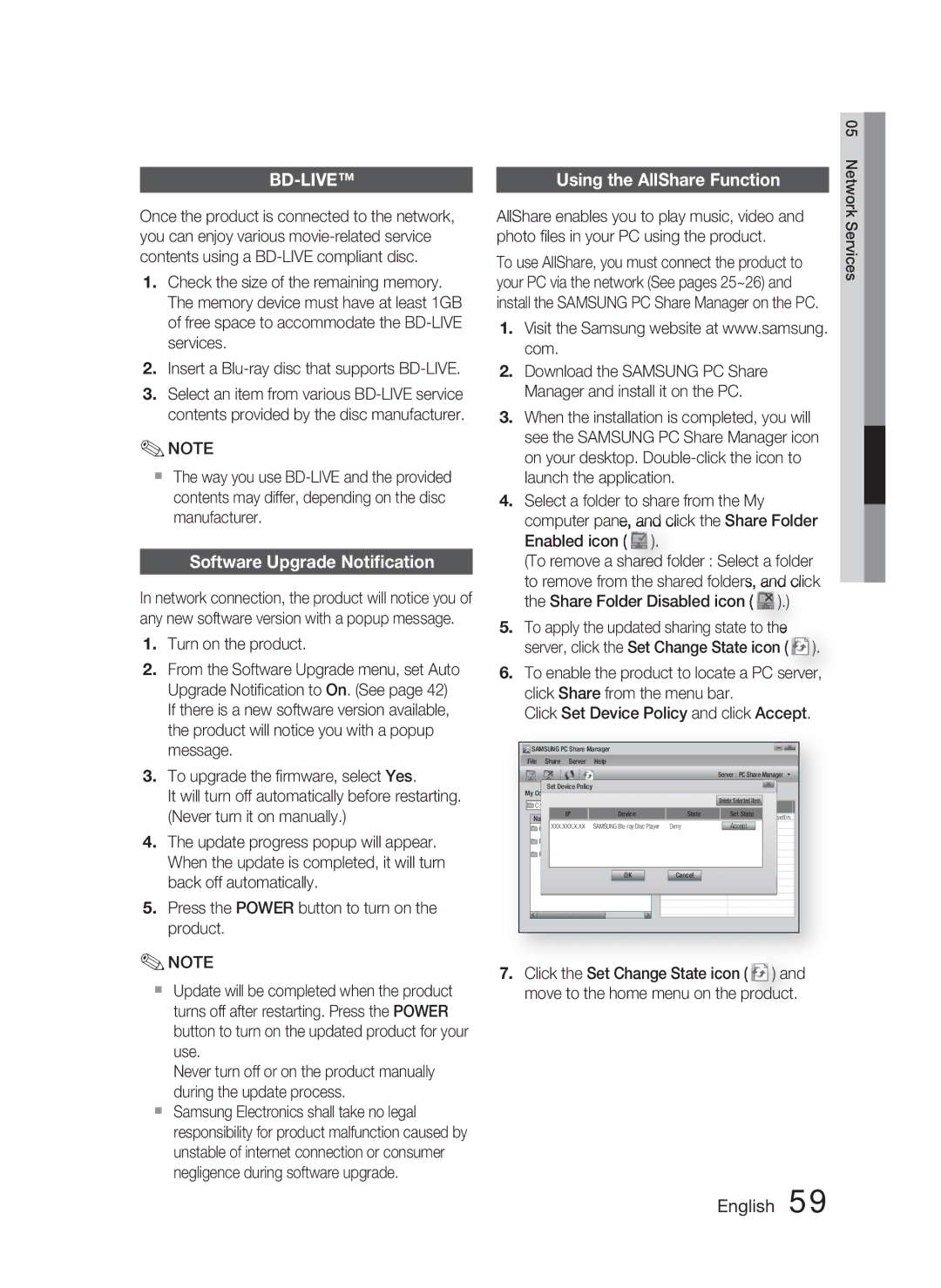 Samsung HT-C5500 user manual Software Upgrade Notiﬁcation, Using the AllShare Function 