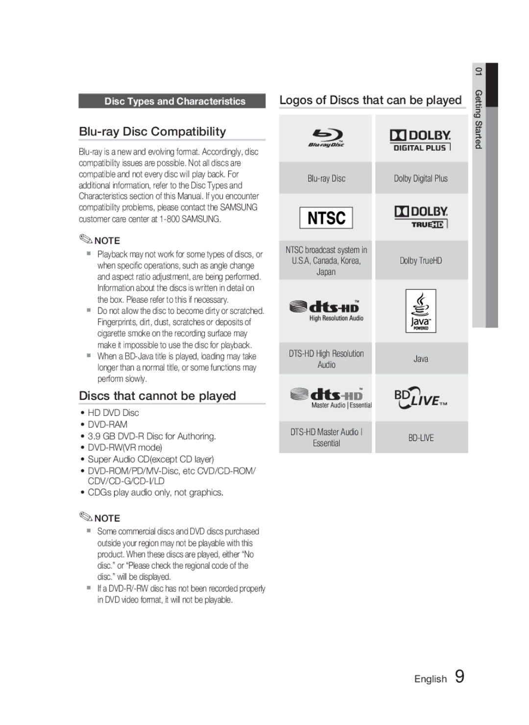 Samsung HT-C5500 Blu-ray Disc Compatibility, Discs that cannot be played, Logos of Discs that can be played, Dvd-Ram 