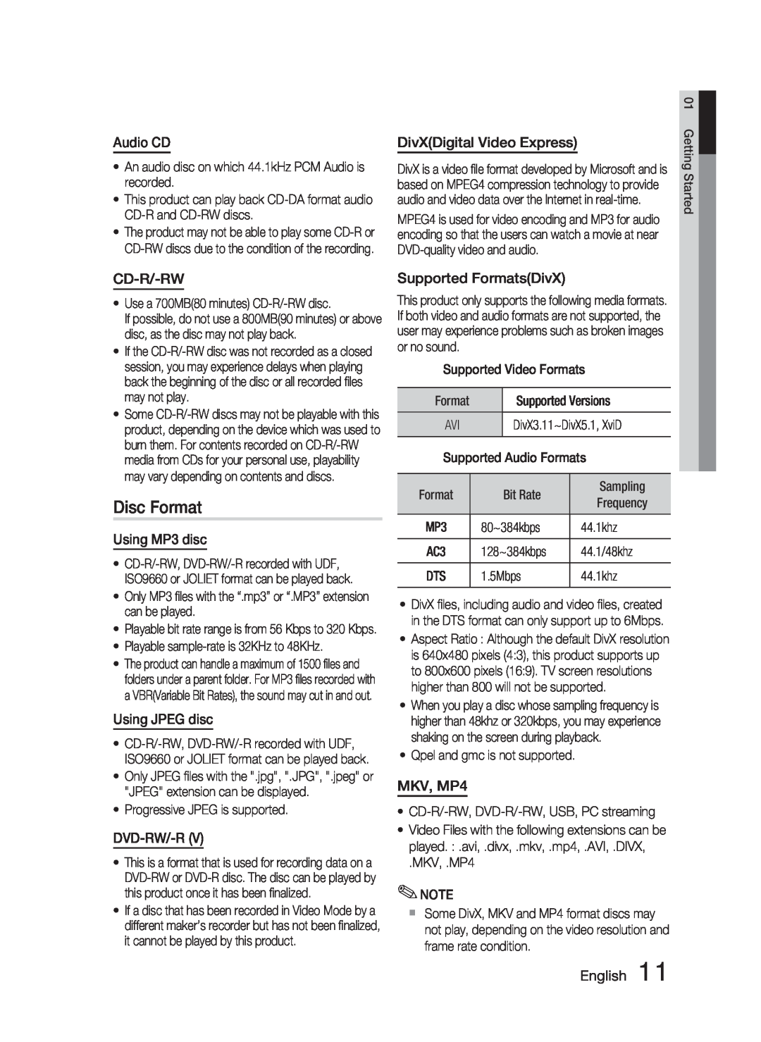 Samsung HT-C5500 Disc Format, Audio CD, DivXDigital Video Express, Cd-R/-Rw, Using MP3 disc, Using JPEG disc, Dvd-Rw/-Rv 