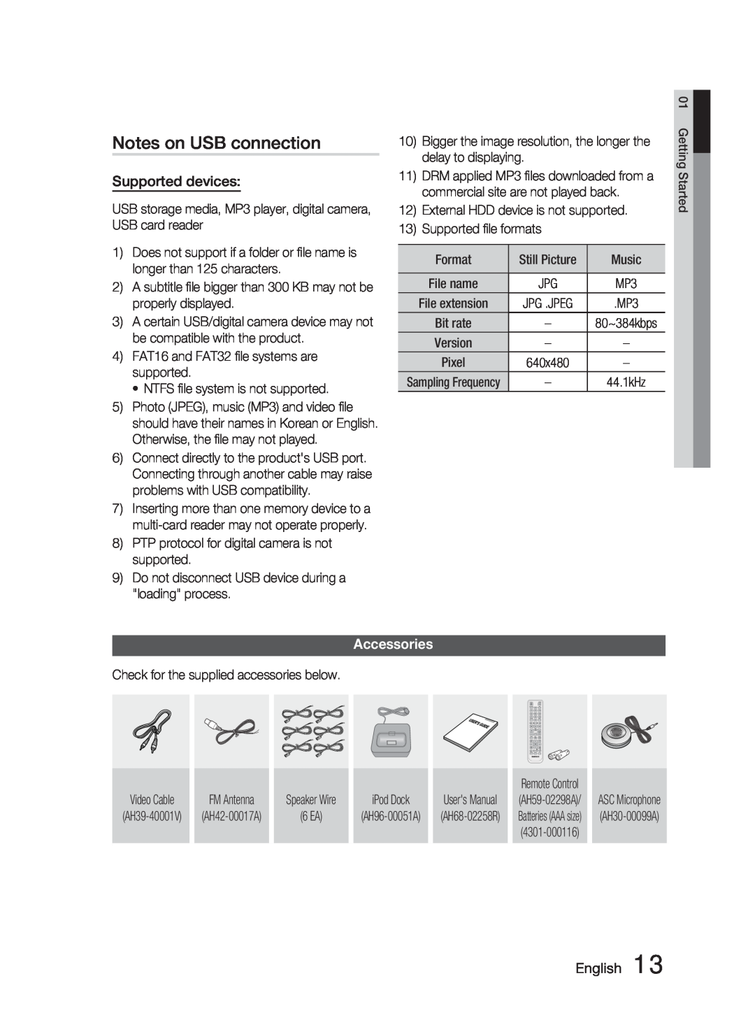 Samsung HT-C5500 user manual Notes on USB connection, Supported devices, Accessories, English 