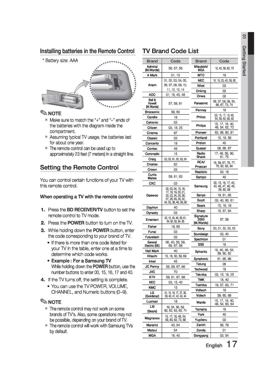 Samsung HT-C5500 TV Brand Code List, Setting the Remote Control, Installing batteries in the Remote Control, English 