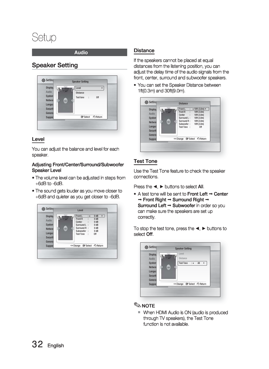 Samsung HT-C5500 user manual Speaker Setting, Audio, Level, Distance, Test Tone, English, Setup 