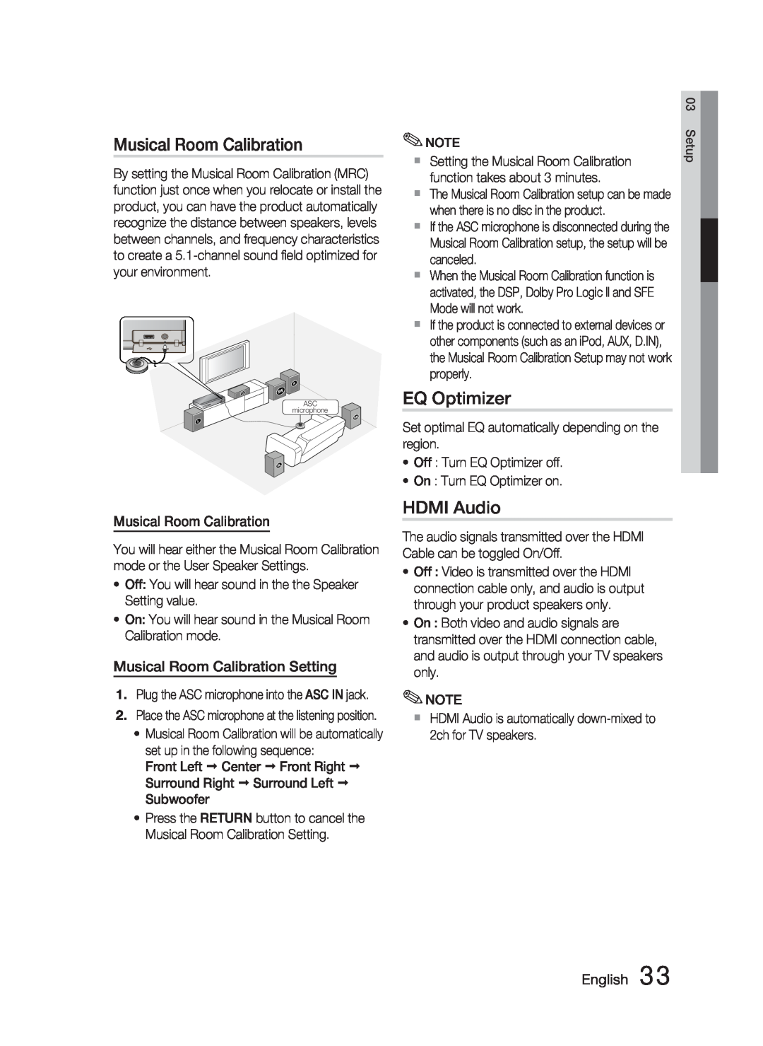 Samsung HT-C5500 user manual EQ Optimizer, HDMI Audio, Musical Room Calibration Setting, English 