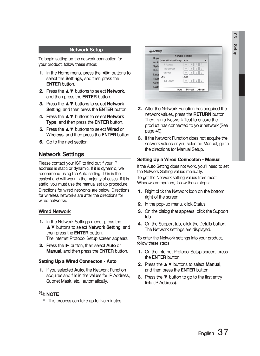 Samsung HT-C5500 user manual Network Settings, Network Setup, Wired Network, English 
