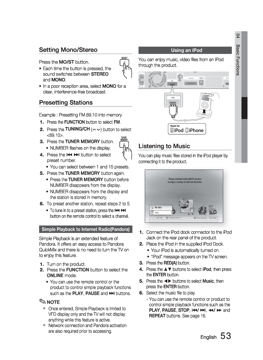 Samsung HT-C5500 user manual Setting Mono/Stereo, Presetting Stations, Listening to Music, Using an iPod, English 