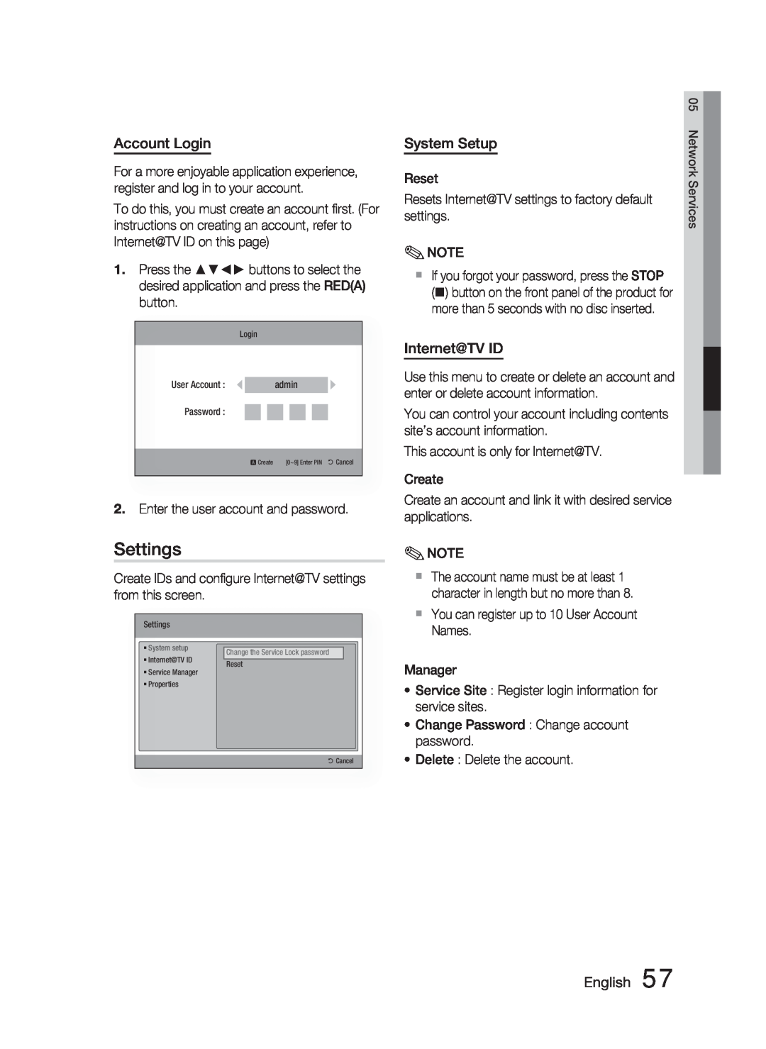 Samsung HT-C5500 user manual Settings, Account Login, System Setup, Internet@TV ID, English 