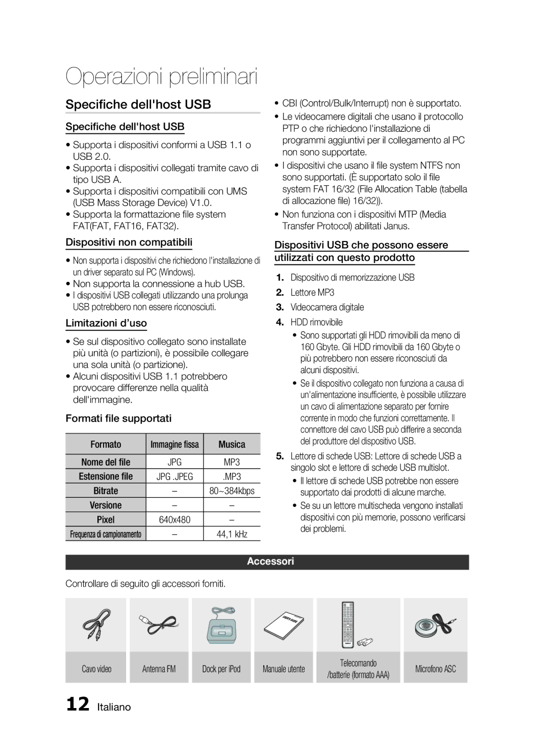 Samsung HT-C5500/XEF manual Speciﬁche dellhost USB, Accessori 