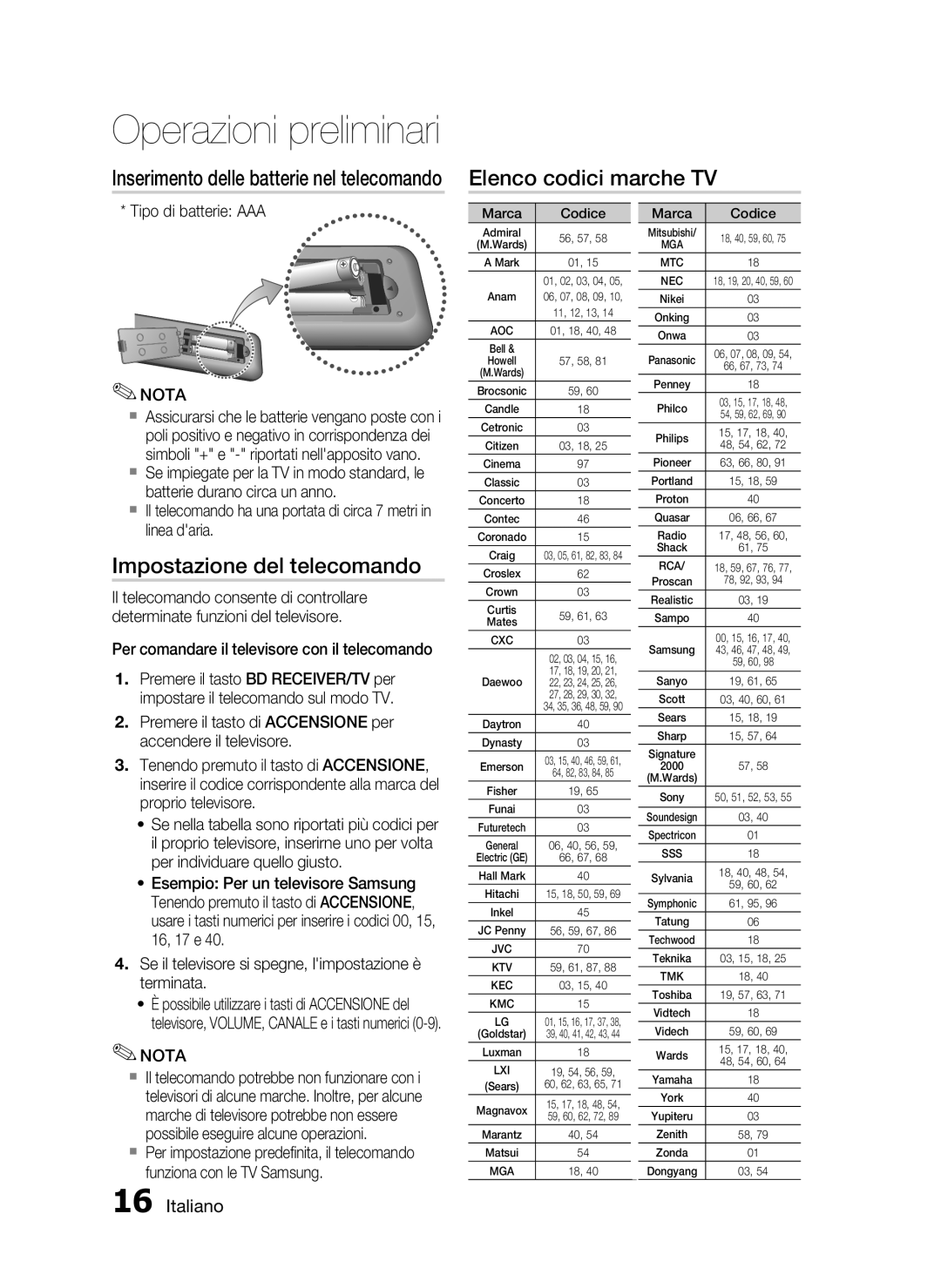 Samsung HT-C5500/XEF Elenco codici marche TV, Impostazione del telecomando, Inserimento delle batterie nel telecomando 