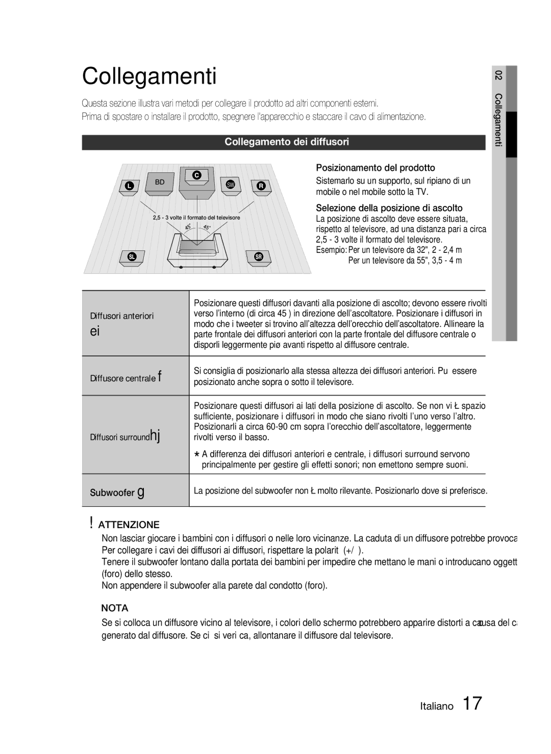 Samsung HT-C5500/XEF manual Collegamenti, Collegamento dei diffusori 