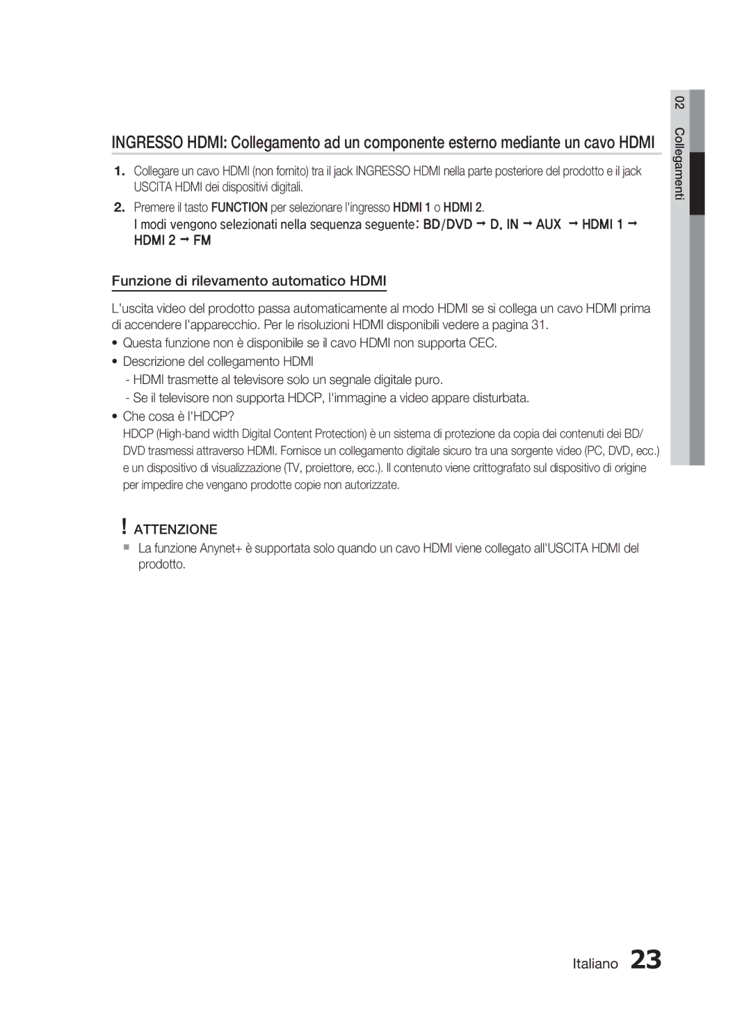 Samsung HT-C5500/XEF manual Funzione di rilevamento automatico Hdmi 