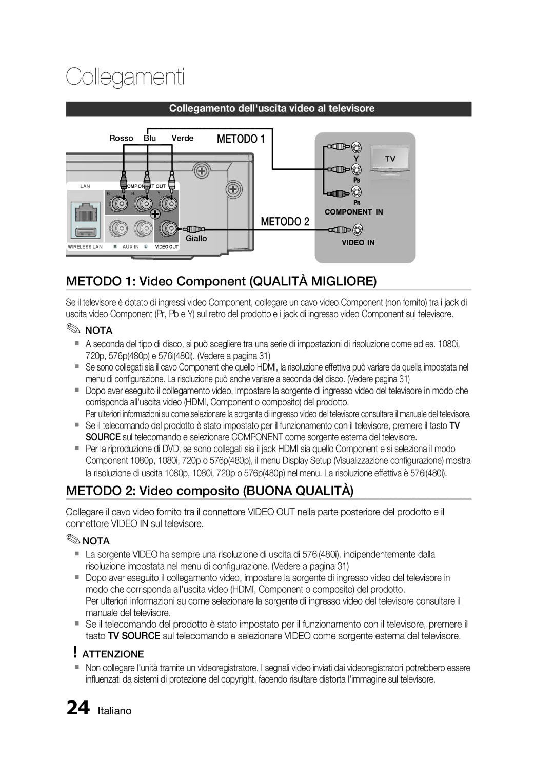 Samsung HT-C5500/XEF manual Metodo 1 Video Component Qualità Migliore, Metodo 2 Video composito Buona Qualità 