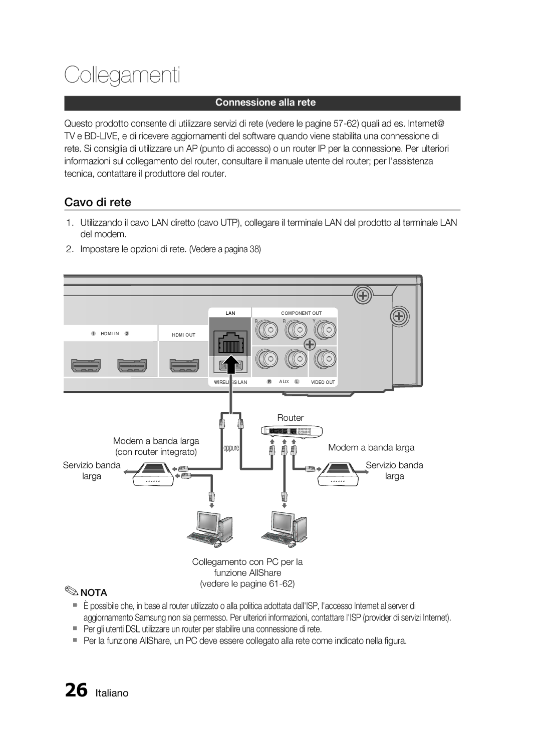 Samsung HT-C5500/XEF manual Connessione alla rete, Servizio banda Larga 