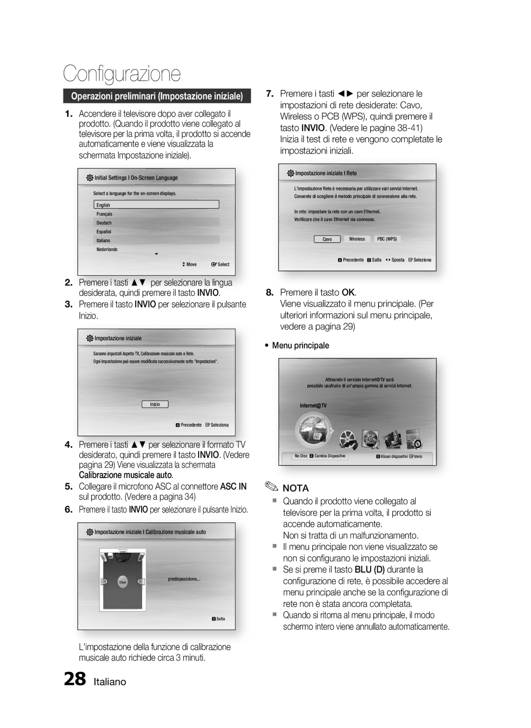 Samsung HT-C5500/XEF manual Conﬁgurazione, Premere il tasto Invio per selezionare il pulsante Inizio 