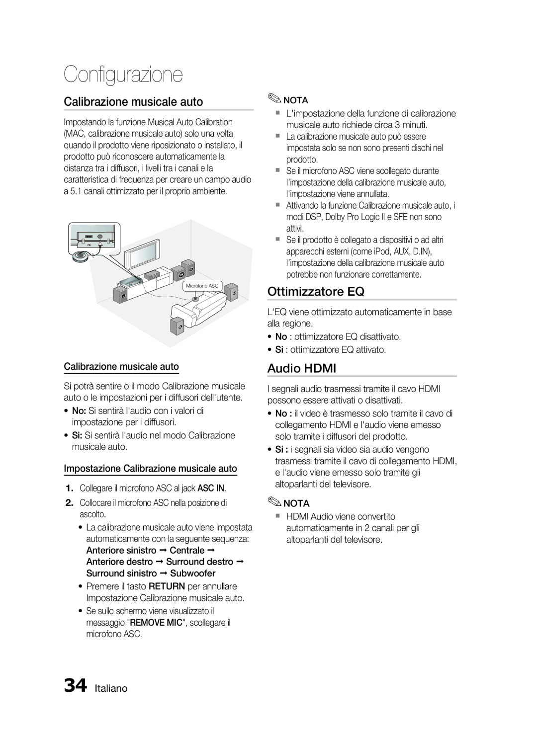 Samsung HT-C5500/XEF manual Ottimizzatore EQ, Audio Hdmi, Impostazione Calibrazione musicale auto 